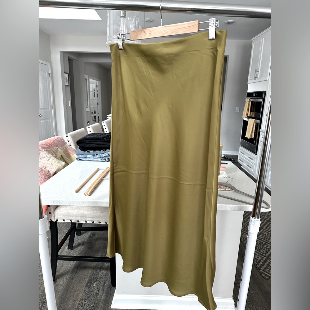 Rachel Zoe Olive Green Satin Midi Skirt
